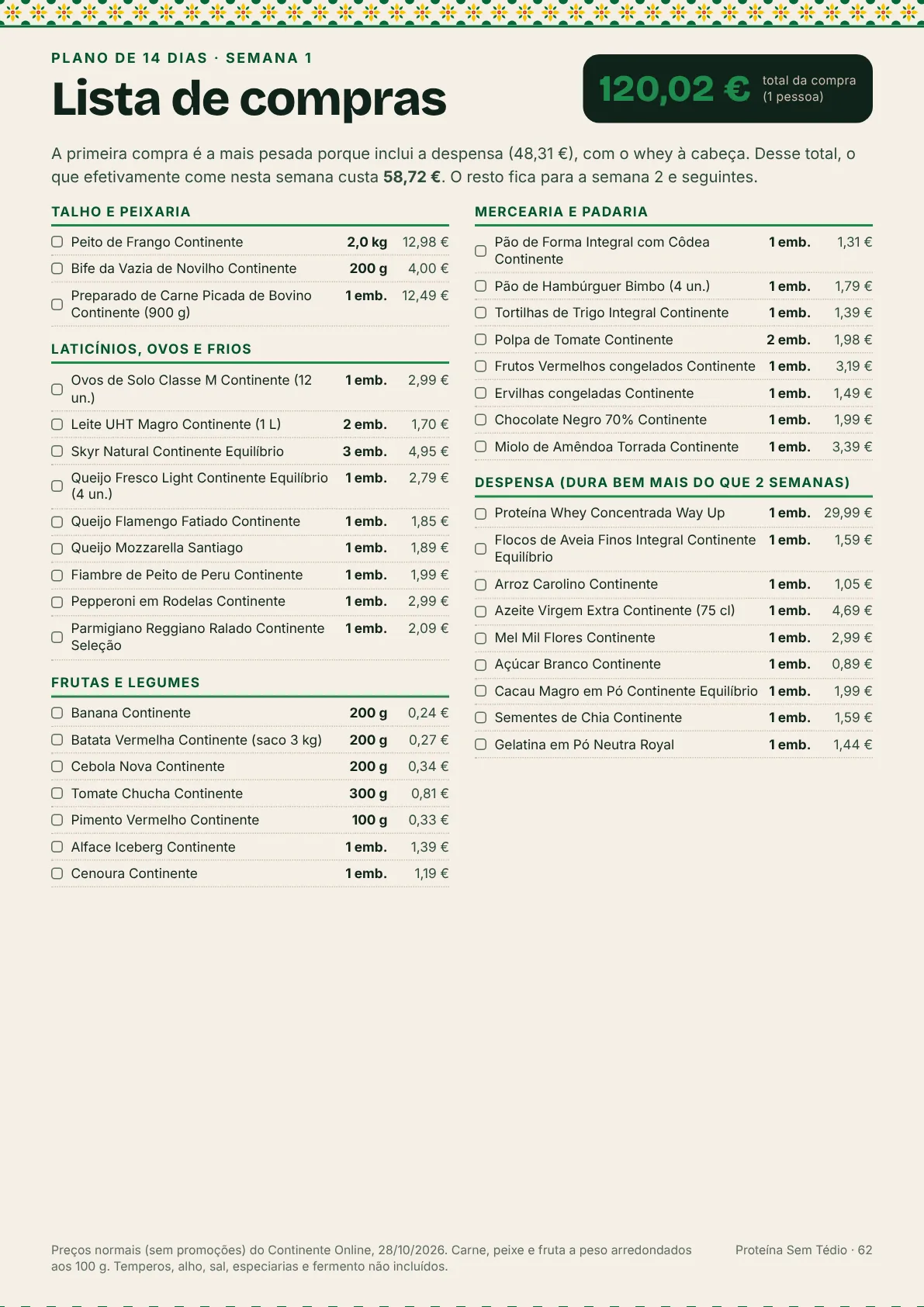 Lista de compras da semana 1 com preços