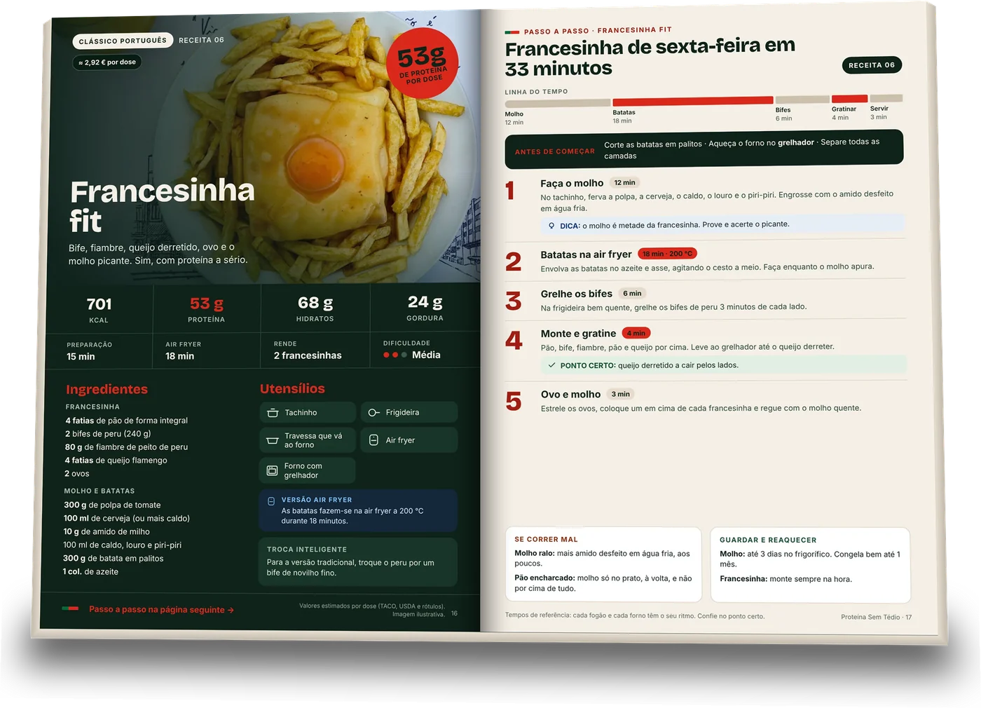 As duas páginas da receita Francesinha fit: macros, ingredientes e passo a passo